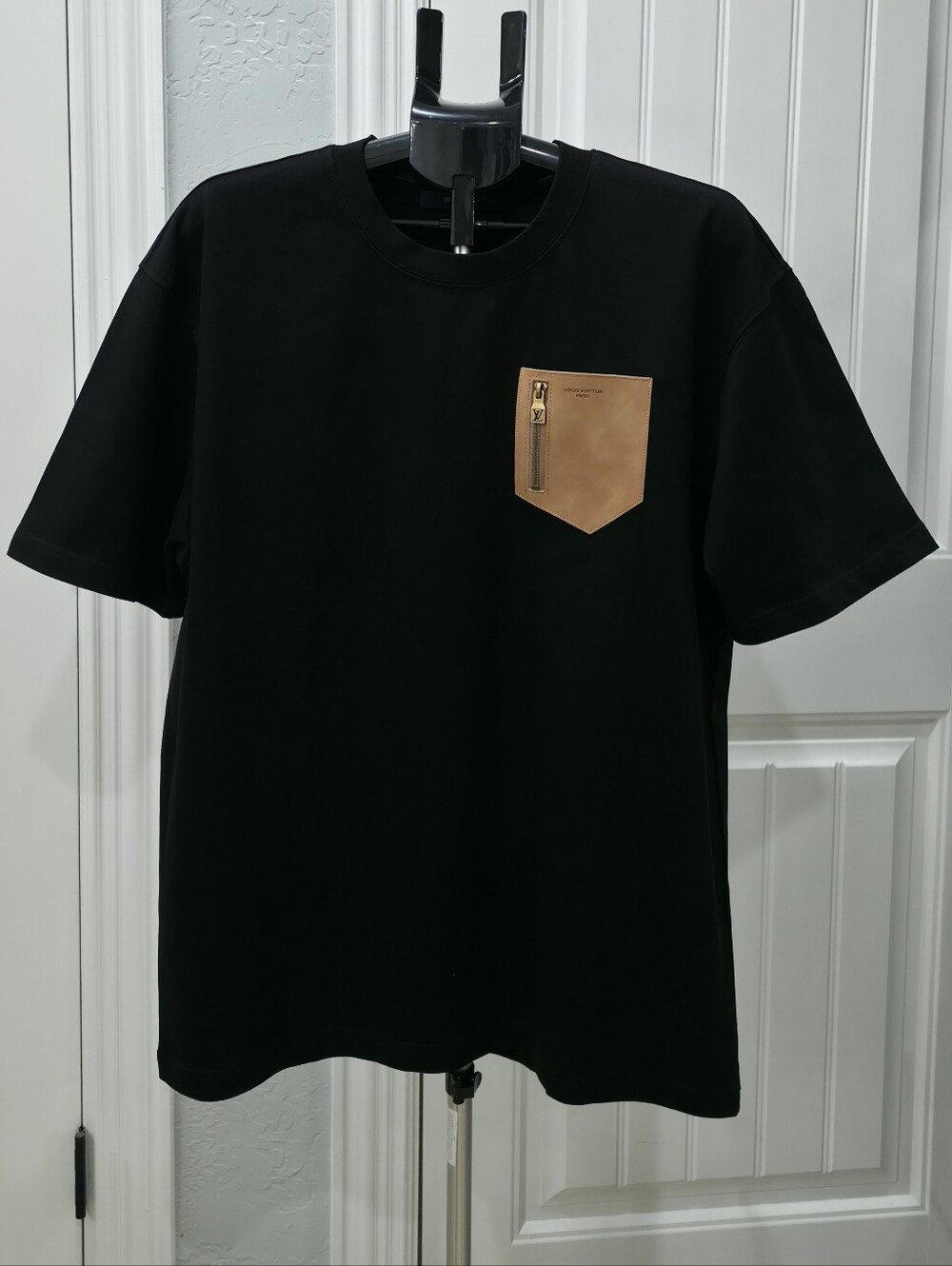 Louis Vuitton Black Short Sleeve Tee with Tan Leather Pocket
